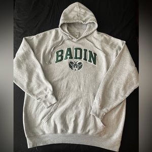 #292 BADIN RAMS HOODIE. Gray in color with awesome patch embroidered logo.